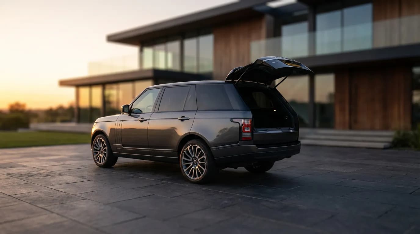 Voiture SUV de luxe avec le hayon électrique bloqué à mi-hauteur dans une allée moderne