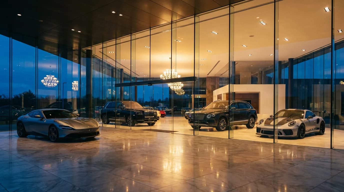 Showroom de concessionnaire automobile de luxe avec voitures de sport alignées
