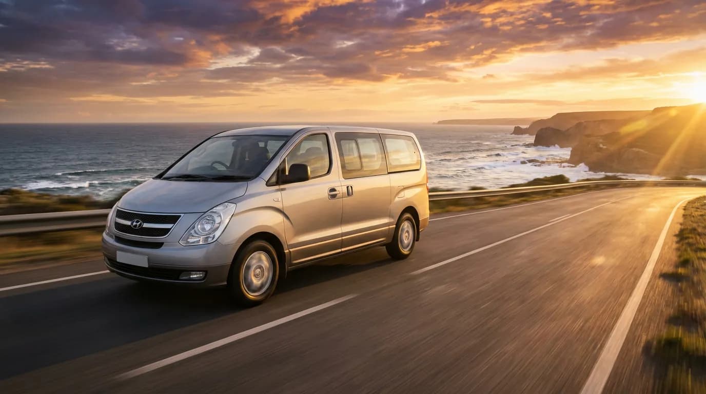 Hyundai H1 gris métallisé roulant sur une route côtière au coucher du soleil