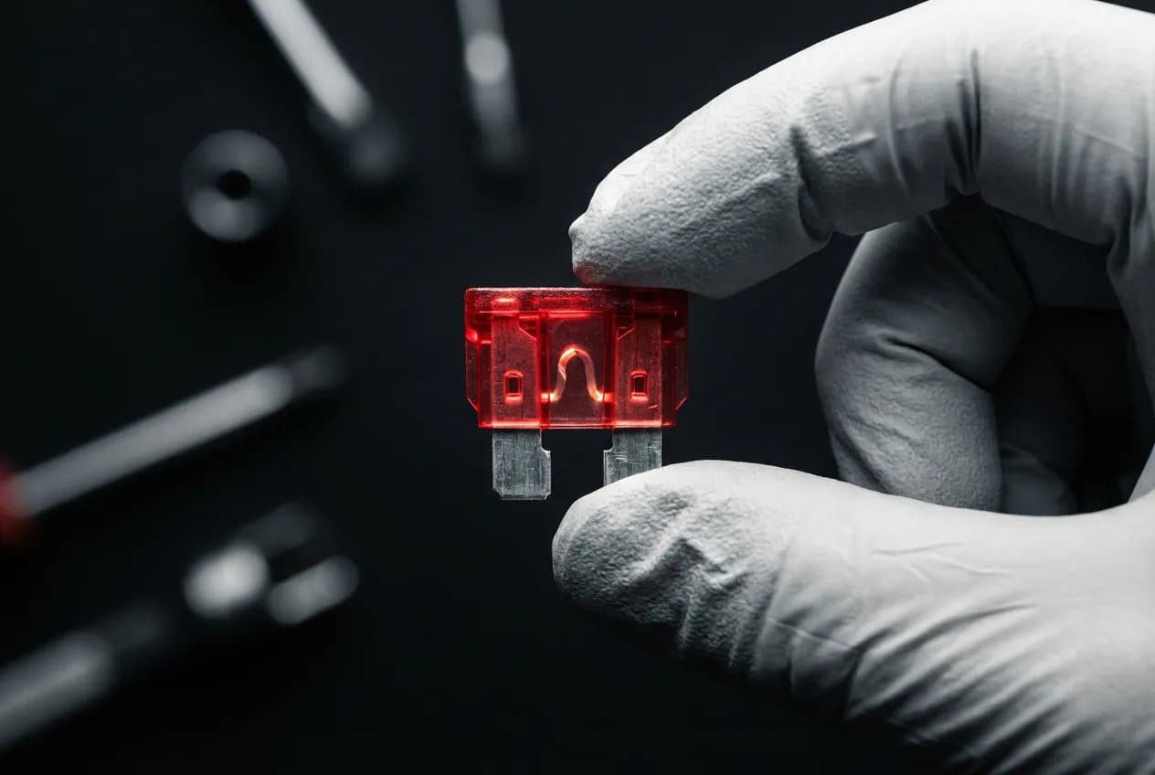 Gros plan iconique d'un fusible automobile tenu par un mécanicien, représentant le diagnostic d'une panne électrique.