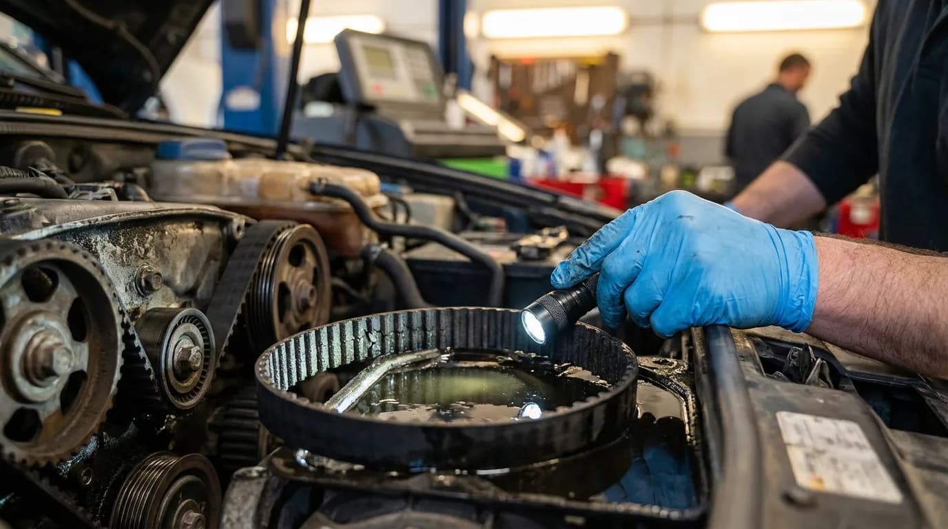 Inspection d'une courroie de distribution immergée dans l'huile sur un moteur PureTech