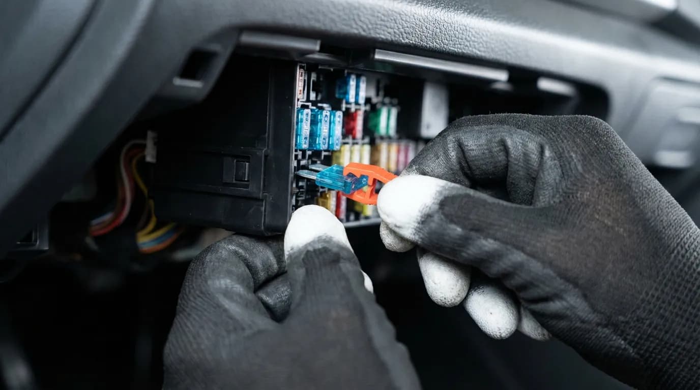 Illustration montrant des mains retirant avec précaution le fusible de ventilation de la boîte à fusibles d'un Scenic 2.