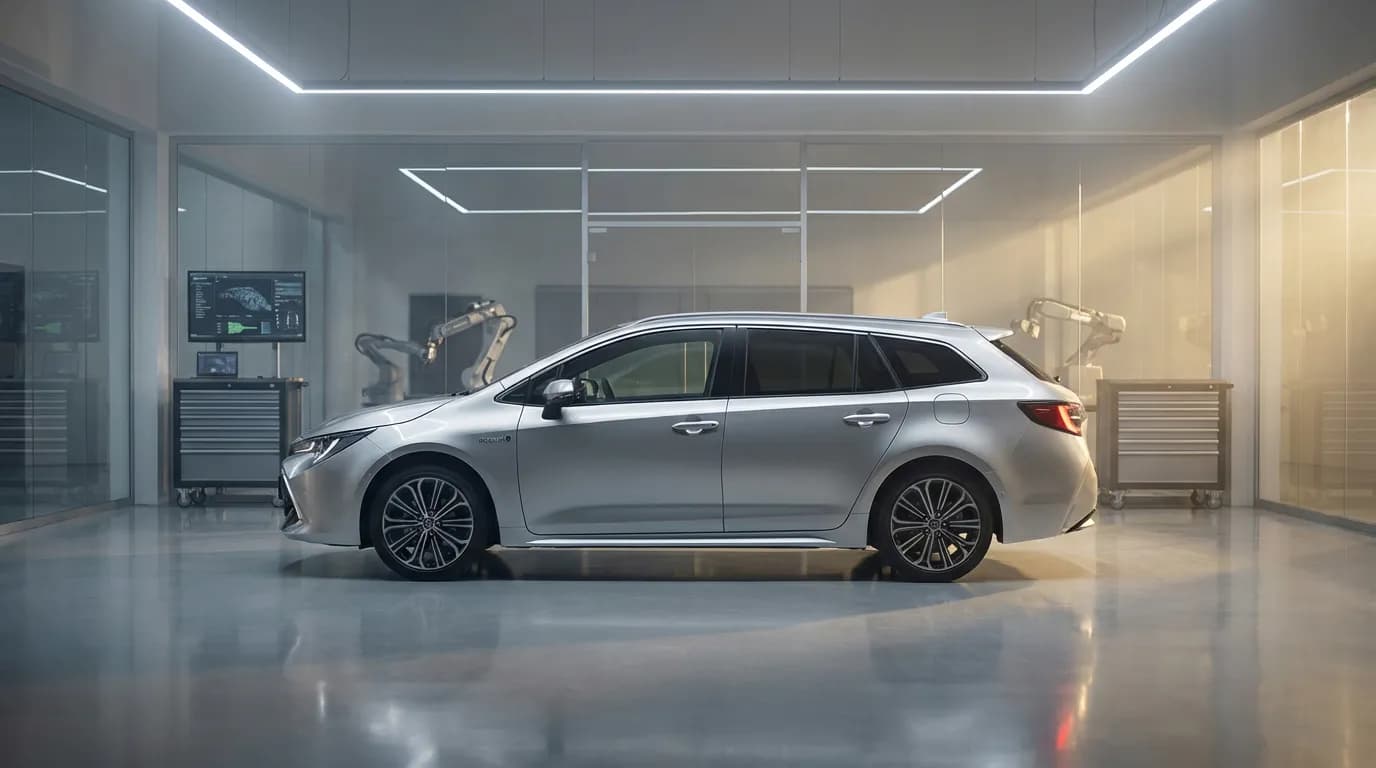 Toyota Corolla Hybride grise stationnée dans un atelier moderne pour une révision d'entretien.