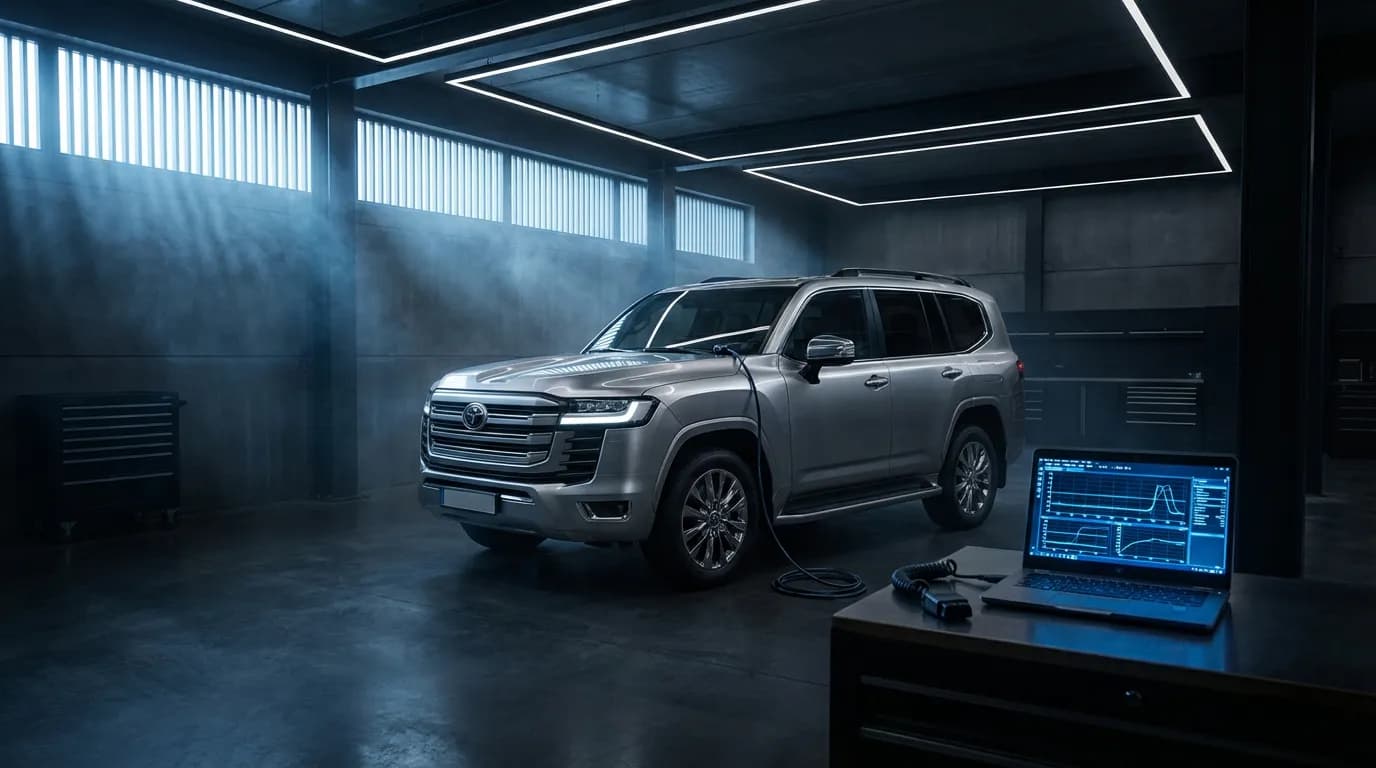 Toyota Land Cruiser dans un garage moderne connecté à un logiciel de diagnostic Techstream