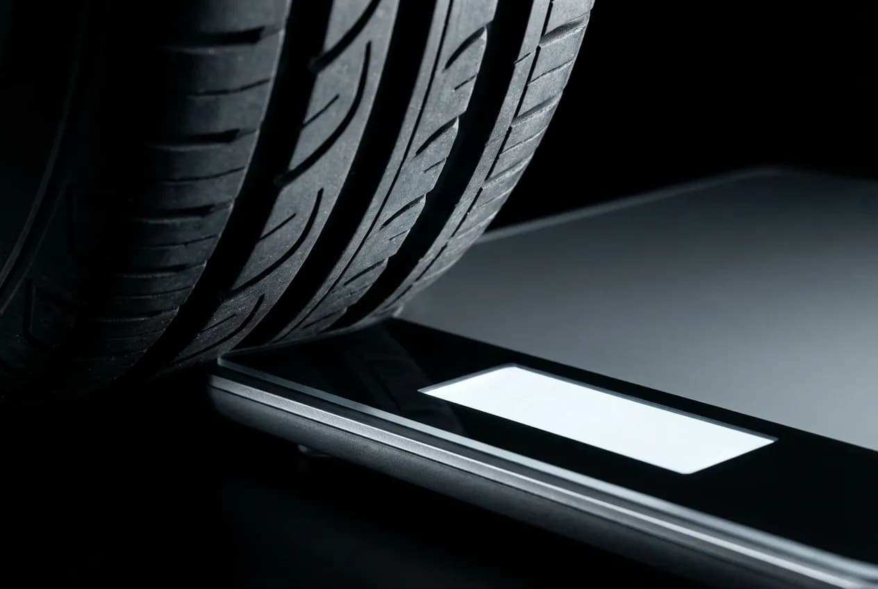 Gros plan d'un pneu de voiture posé sur une balance électronique portable
