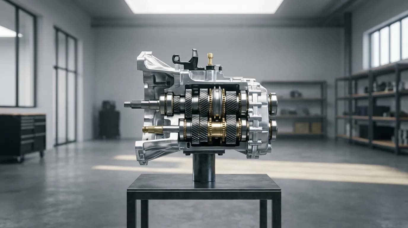 Vue cinématique et détaillée de la boîte de vitesse d'une Peugeot 308 1.6 HDI, présentée de manière artistique dans un garage moderne et épuré.