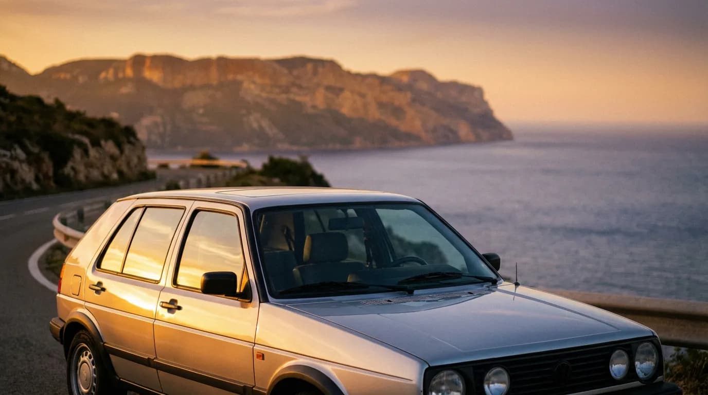 Vue arrière cinématique d'une voiture berline des années 80 évoquant la finition GRD au coucher du soleil
