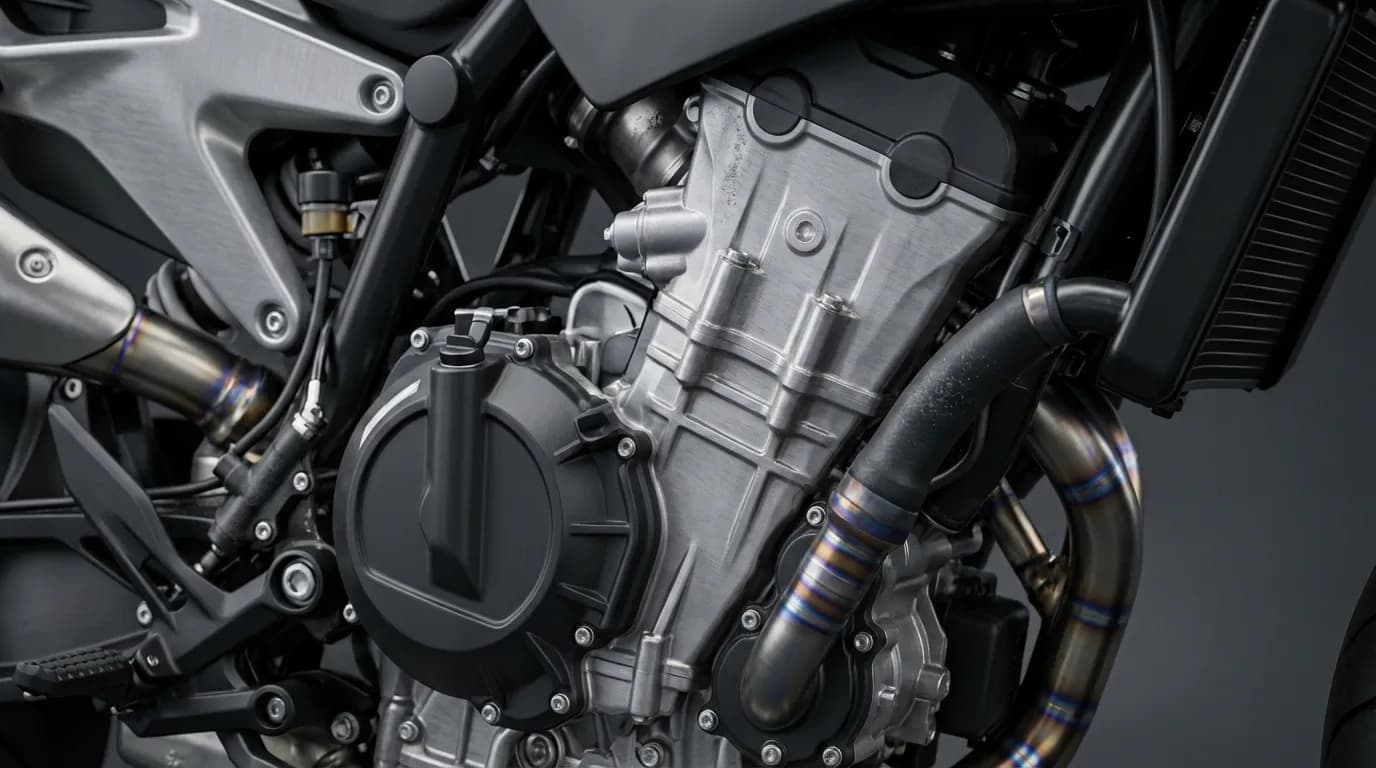 Photographie macro détaillée du moteur de la BMW S1000R 2025, mettant en avant les matériaux et la complexité mécanique.