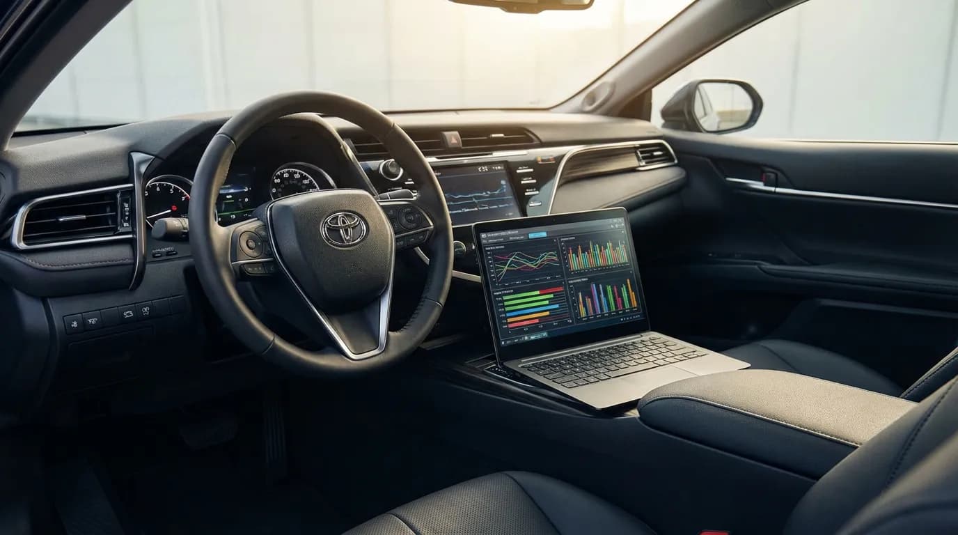 Intérieur de véhicule Toyota avec ordinateur portable affichant un bilan de santé Techstream