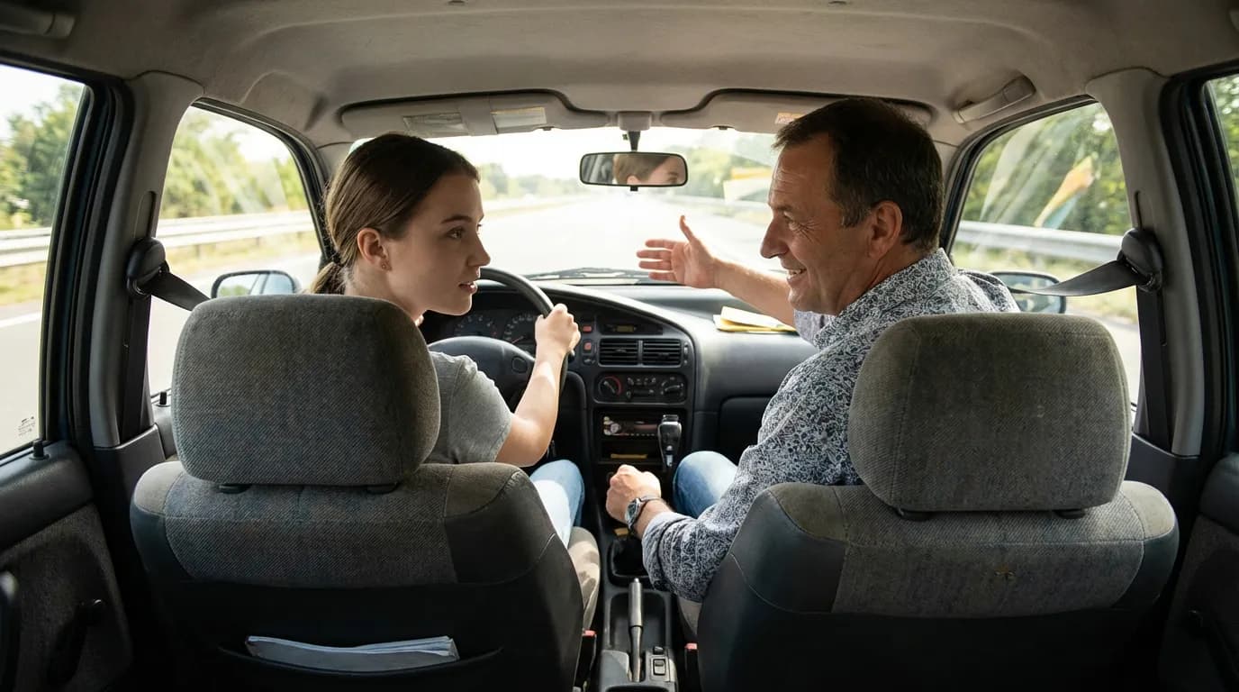 Moniteur d'auto-école pédagogue donnant une leçon de conduite à un élève à Canéjan