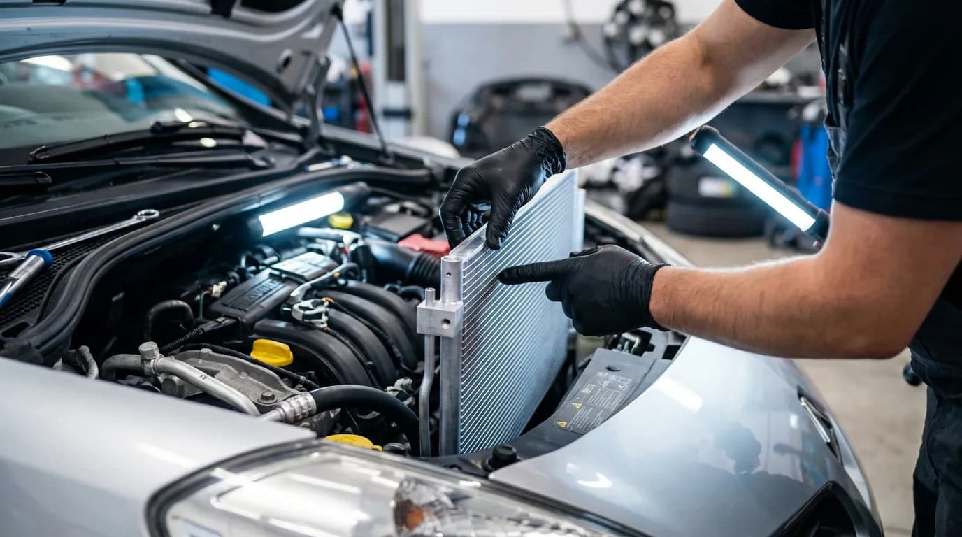 Mécanicien professionnel installant un nouveau condenseur de climatisation sur une Renault Clio 3.