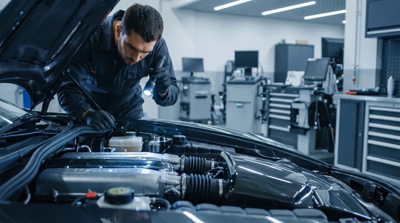 Expert automobile inspectant le moteur d'une voiture haut de gamme