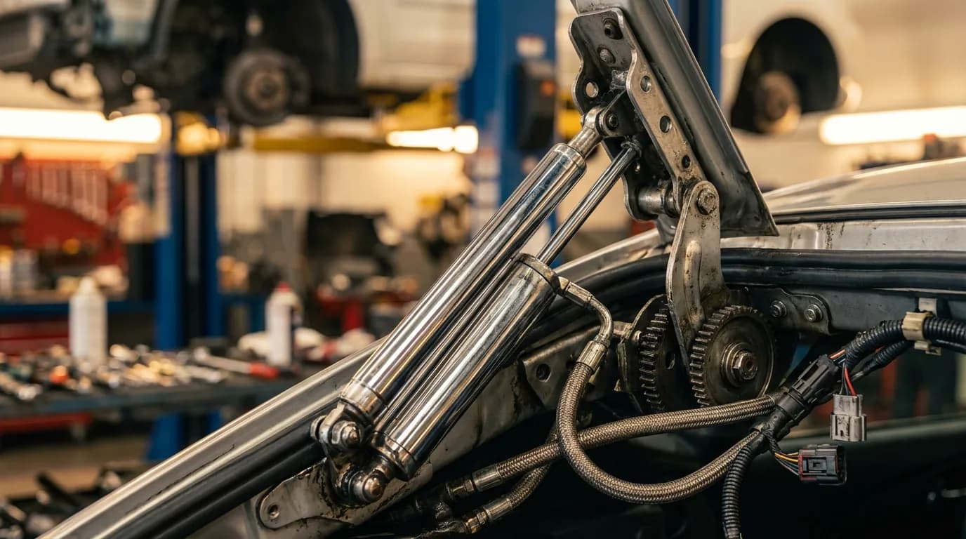 Détail du vérin hydraulique motorisé et du mécanisme d'un hayon électrique