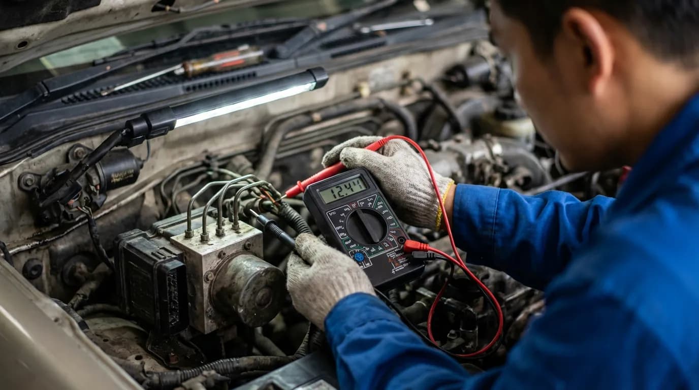 Mécanicien utilisant un multimètre pour tester le circuit électrique ABS suite au code C1380