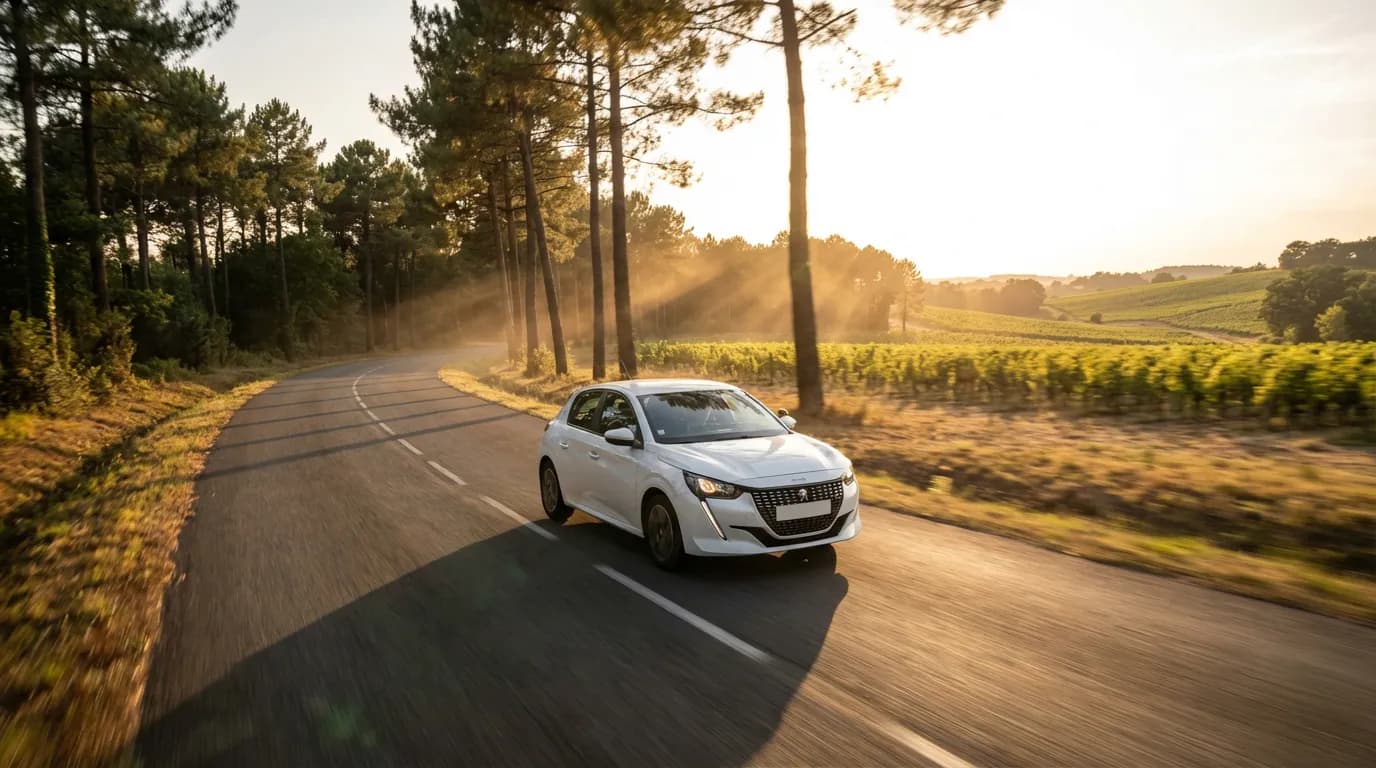 Voiture auto-école circulant sur une route bordée de pins à Canéjan en Gironde au coucher du soleil