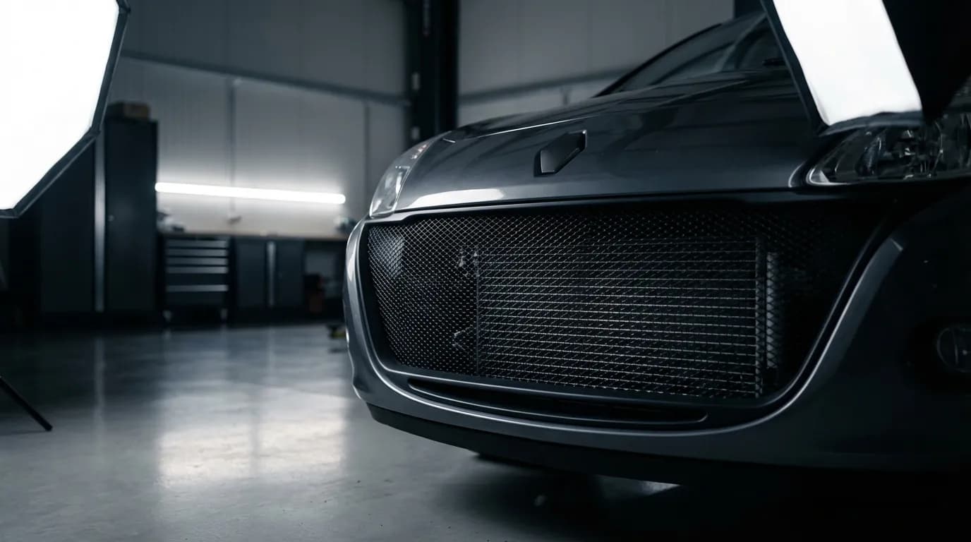 Vue cinématique de l'avant d'une Renault Clio 3 dans un garage moderne, mettant en évidence la calandre et le condenseur de climatisation.