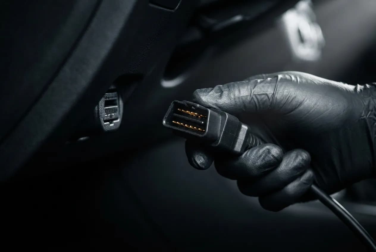 Gros plan sur un connecteur OBDII utilisé pour le diagnostic Toyota Techstream
