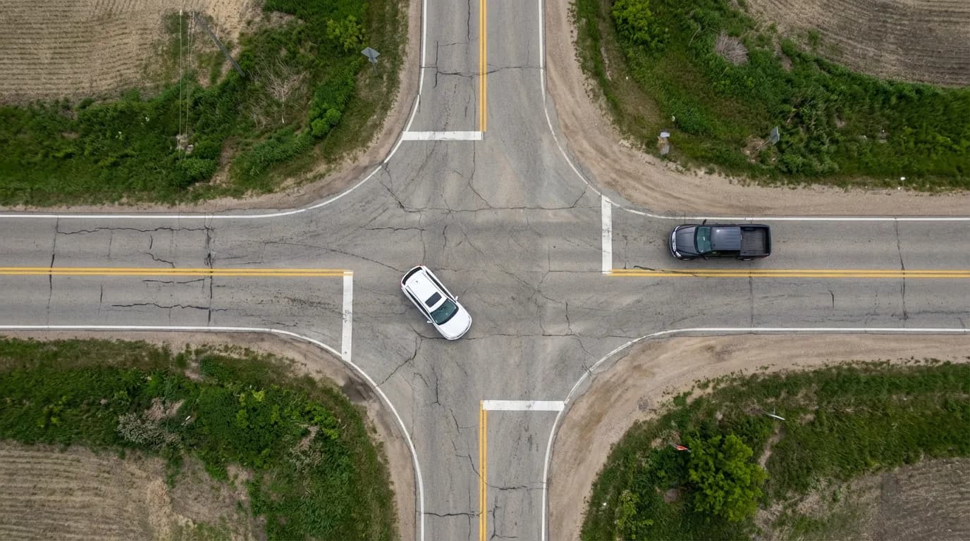 Vue aérienne par drone montrant la manœuvre de dépassement par la droite d'un véhicule tournant à gauche