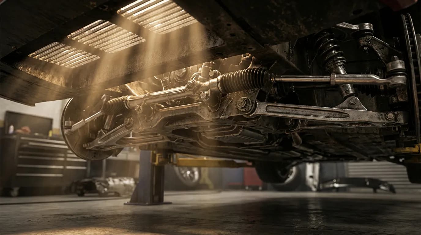 Vue artistique en contre-plongée du système de suspension et de la rotule de direction sous un véhicule.