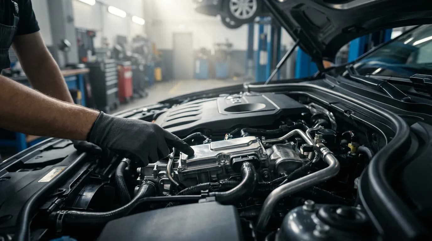 Vue cinématique d'un mécanicien expert indiquant le module de commande des bougies de préchauffage sur un moteur diesel moderne, illustrant le diagnostic du code P0670.