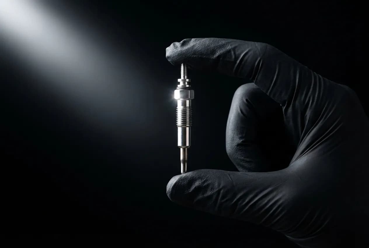 Gros plan iconique d'une bougie de préchauffage neuve, pièce clé liée au code erreur P0670, sur un fond noir.