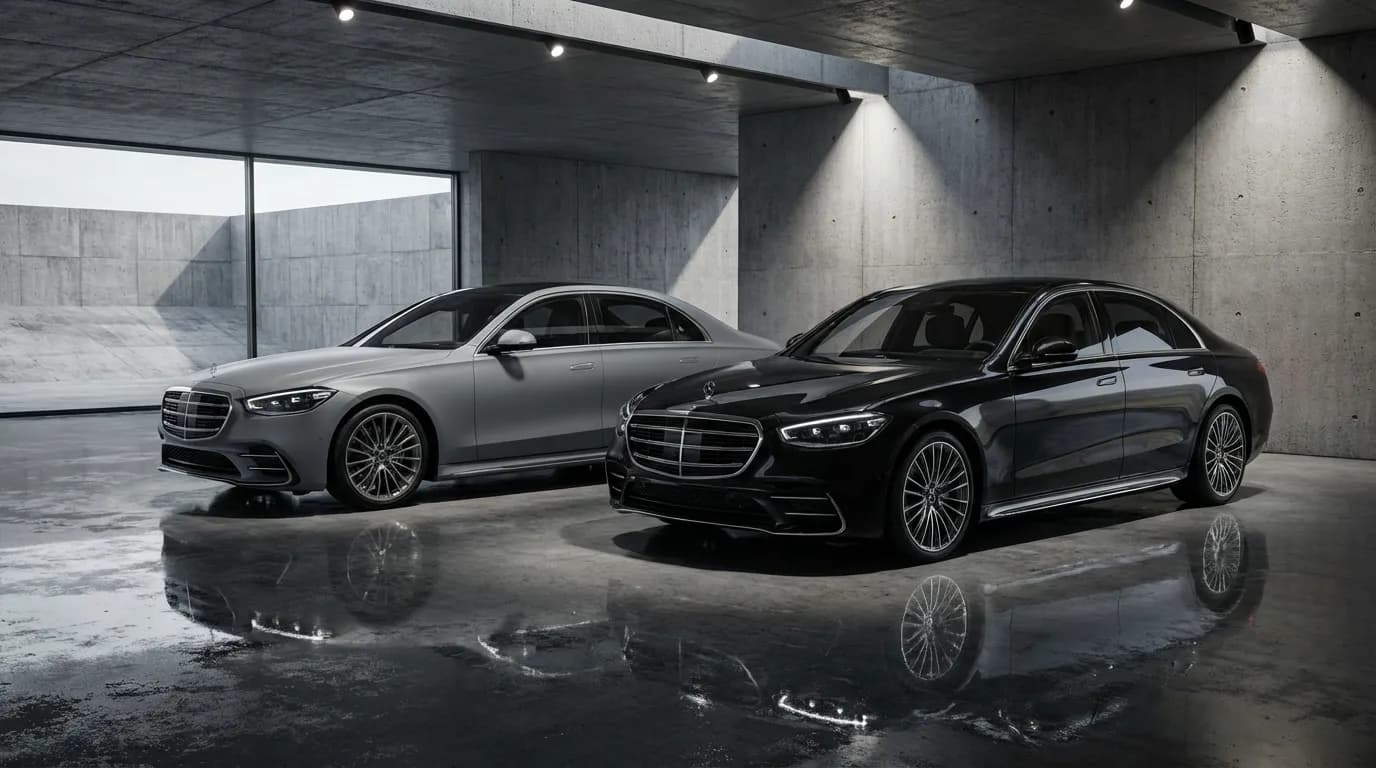 Comparaison visuelle entre une Mercedes Gris Alpin et une autre en Noir Obsidien pour montrer la différence de teinte et de finition.