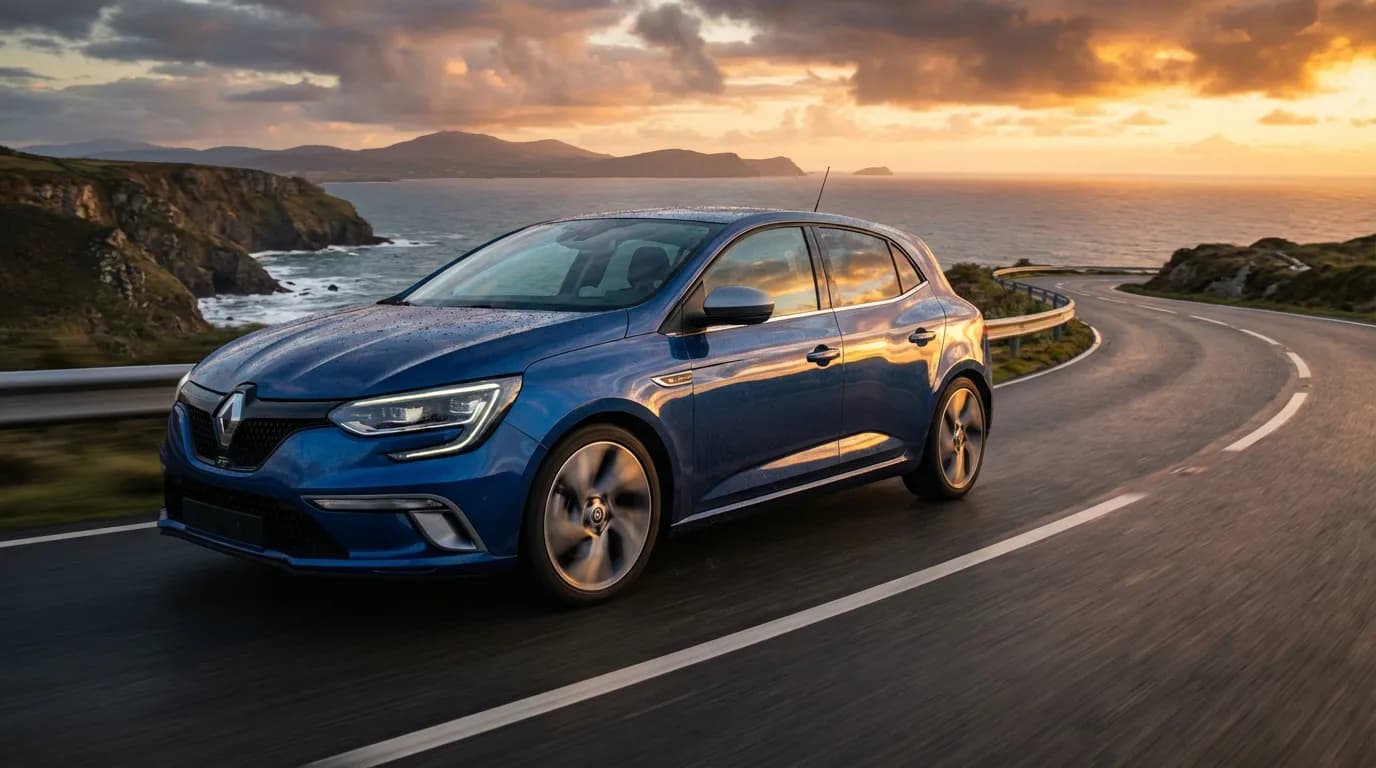 Renault Mégane GT 1.6 TCe 205 bleu iron roulant sur une route côtière au coucher du soleil
