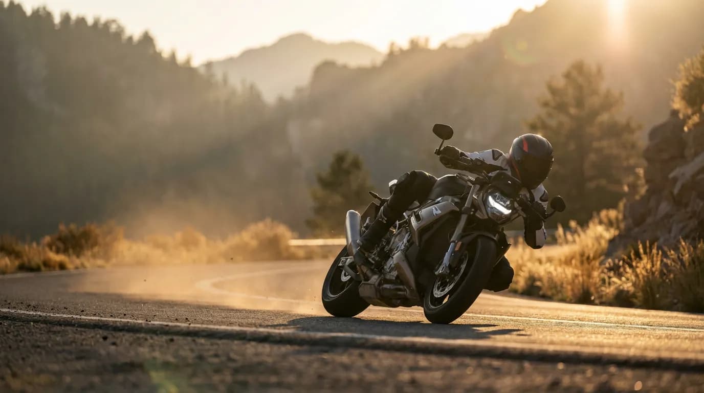 Vue cinématique de la nouvelle moto BMW S1000R 2025 en action sur une route de montagne sinueuse au coucher du soleil, évoquant la performance et le design.