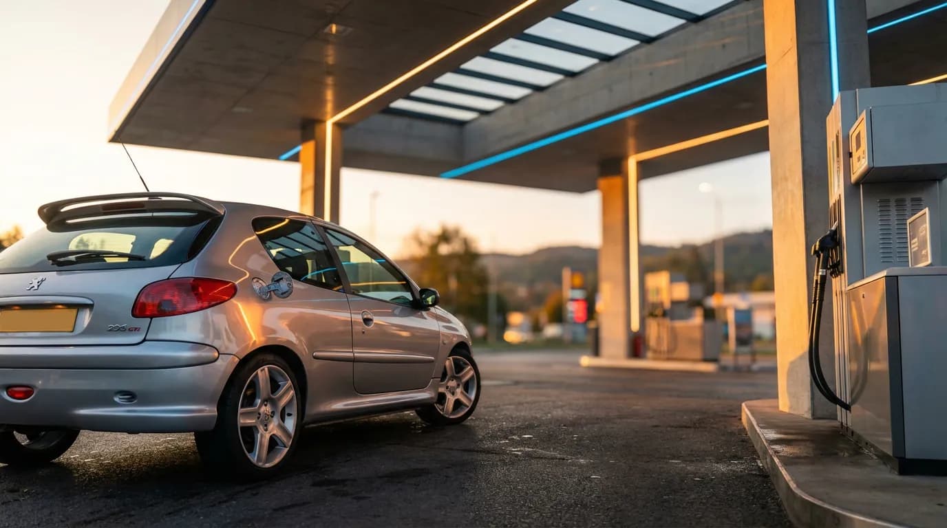 Vue cinématique d'une Peugeot 206 garée dans une station-service design au coucher du soleil, mettant en lumière son design et la zone du réservoir.