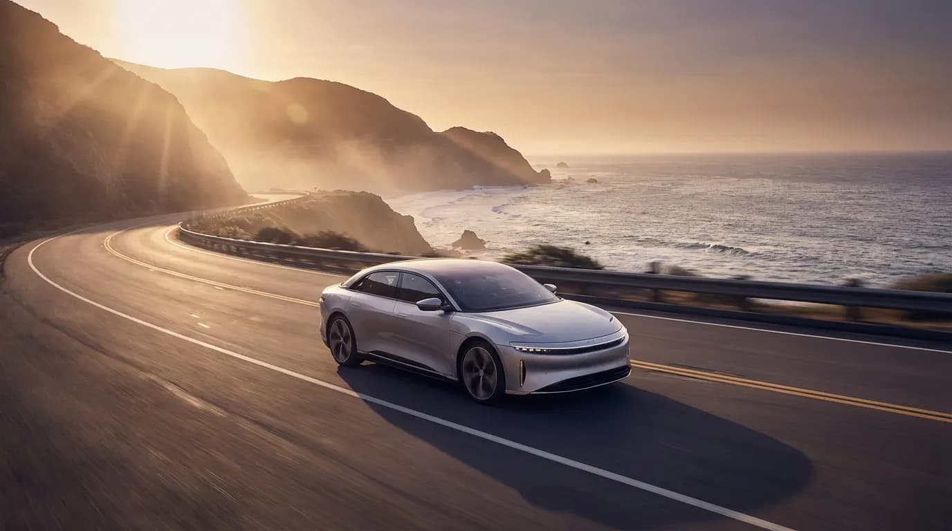 Voiture moderne roulant sur une route côtière au coucher du soleil, symbolisant la liberté et la maîtrise de la mobilité.