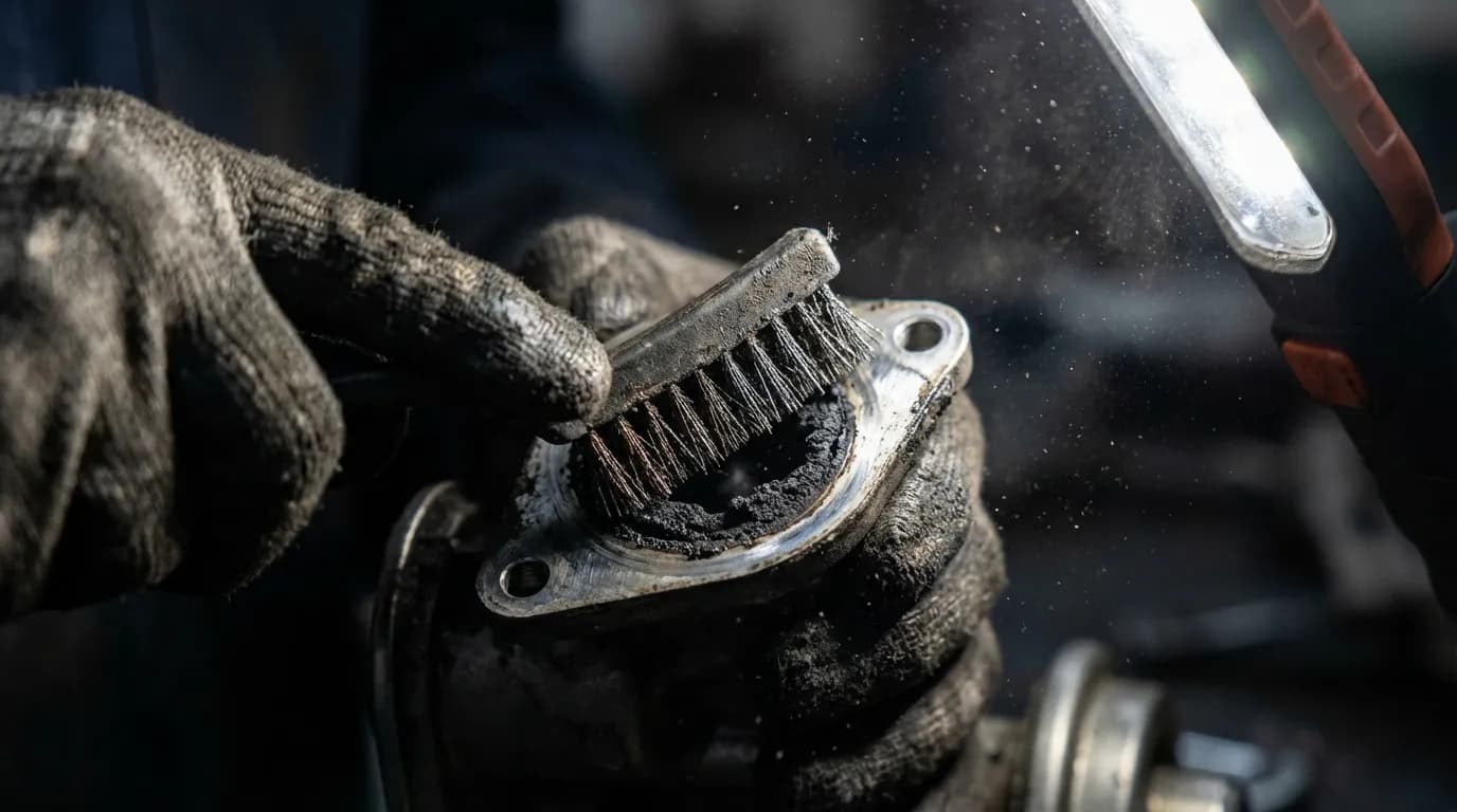 Gros plan macro d'un mécanicien nettoyant avec précision les dépôts de carbone d'une vanne EGR encrassée.