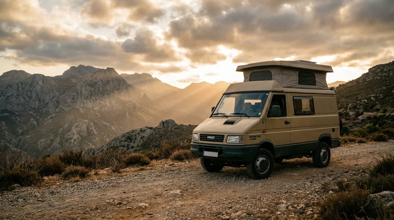 Vue cinématique d'un véhicule classique équipé du moteur 2.5 Sofim, dans un paysage montagneux époustouflant au coucher du soleil.