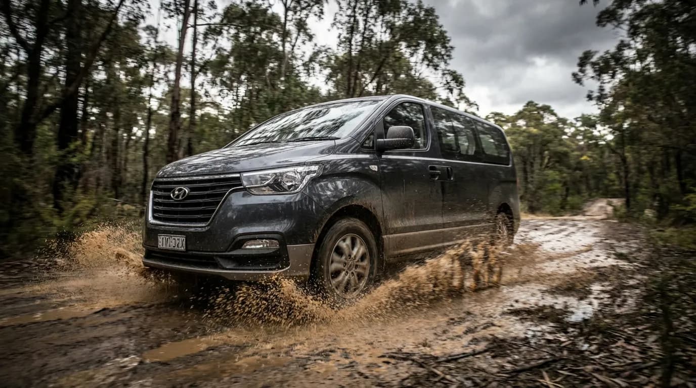 Un Hyundai H1 4x4 Starex en pleine action tout-terrain, éclaboussant de la boue en traversant une piste forestière.