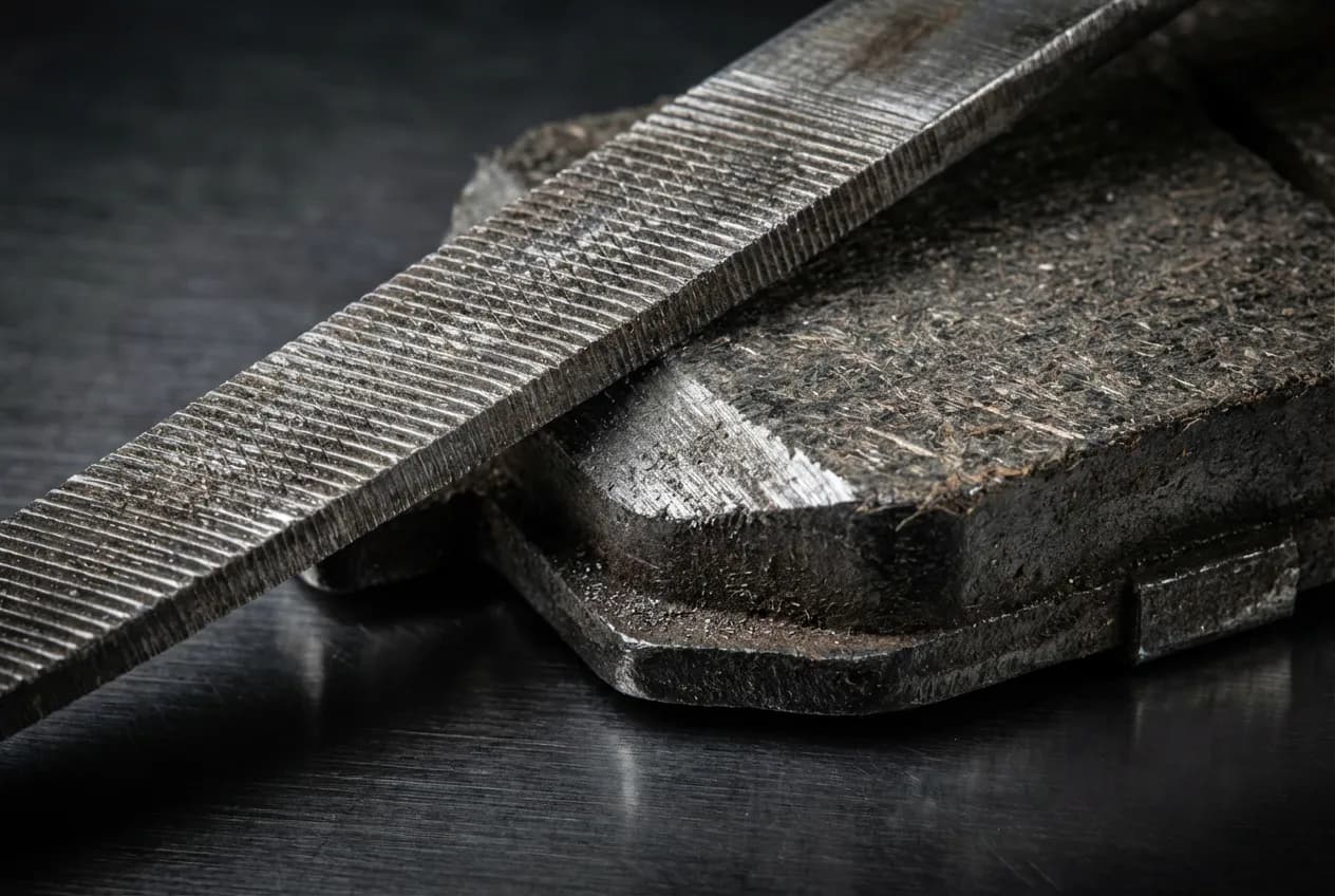 Gros plan sur l'action de limer le bord d'une plaquette de frein