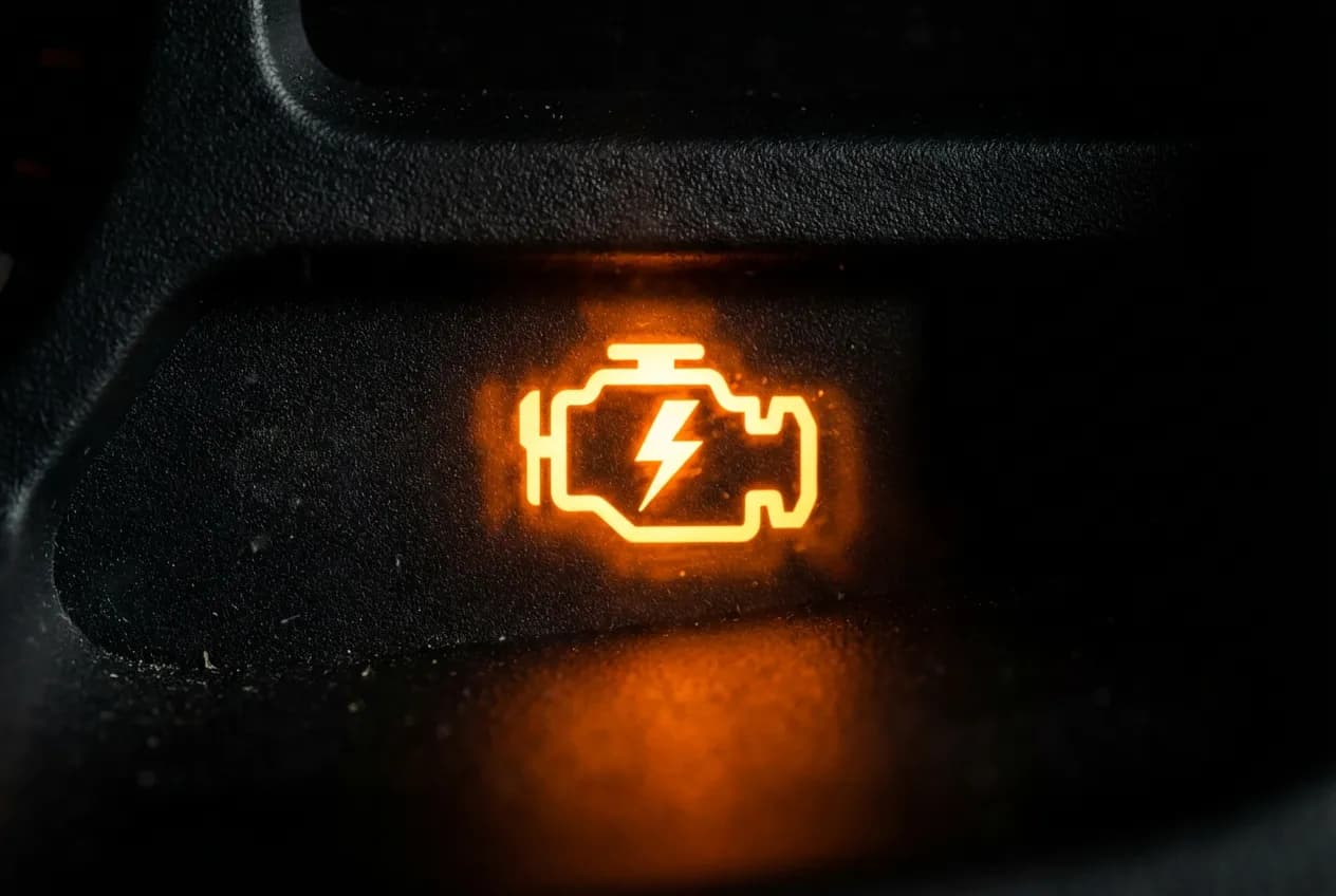 Gros plan sur le voyant moteur orange allumé sur le tableau de bord d'une Peugeot 206, symbolisant un avertissement mécanique.