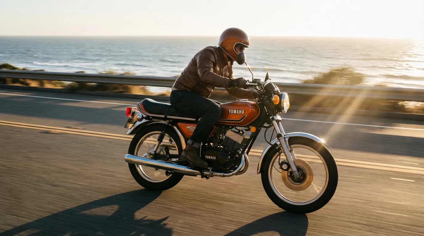 Moto Yamaha RDX 125 roulant à pleine vitesse sur une route côtière au coucher du soleil