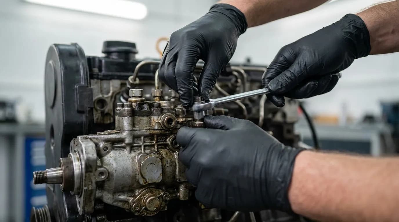 Un mécanicien expert effectuant l'entretien méticuleux d'un moteur 2.5 Sofim dans un atelier propre et bien éclairé.