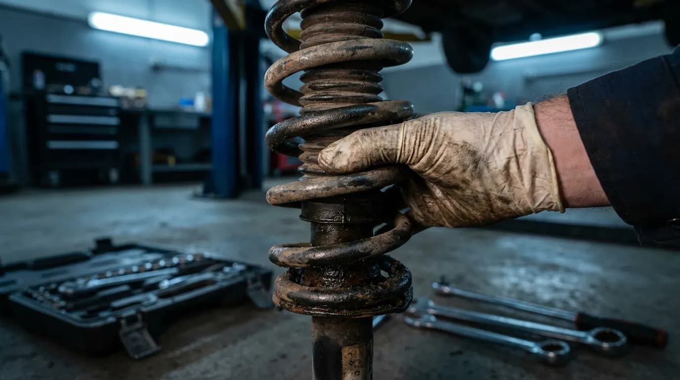 Mécanicien inspectant l'usure d'un amortisseur sous un véhicule dans un garage professionnel