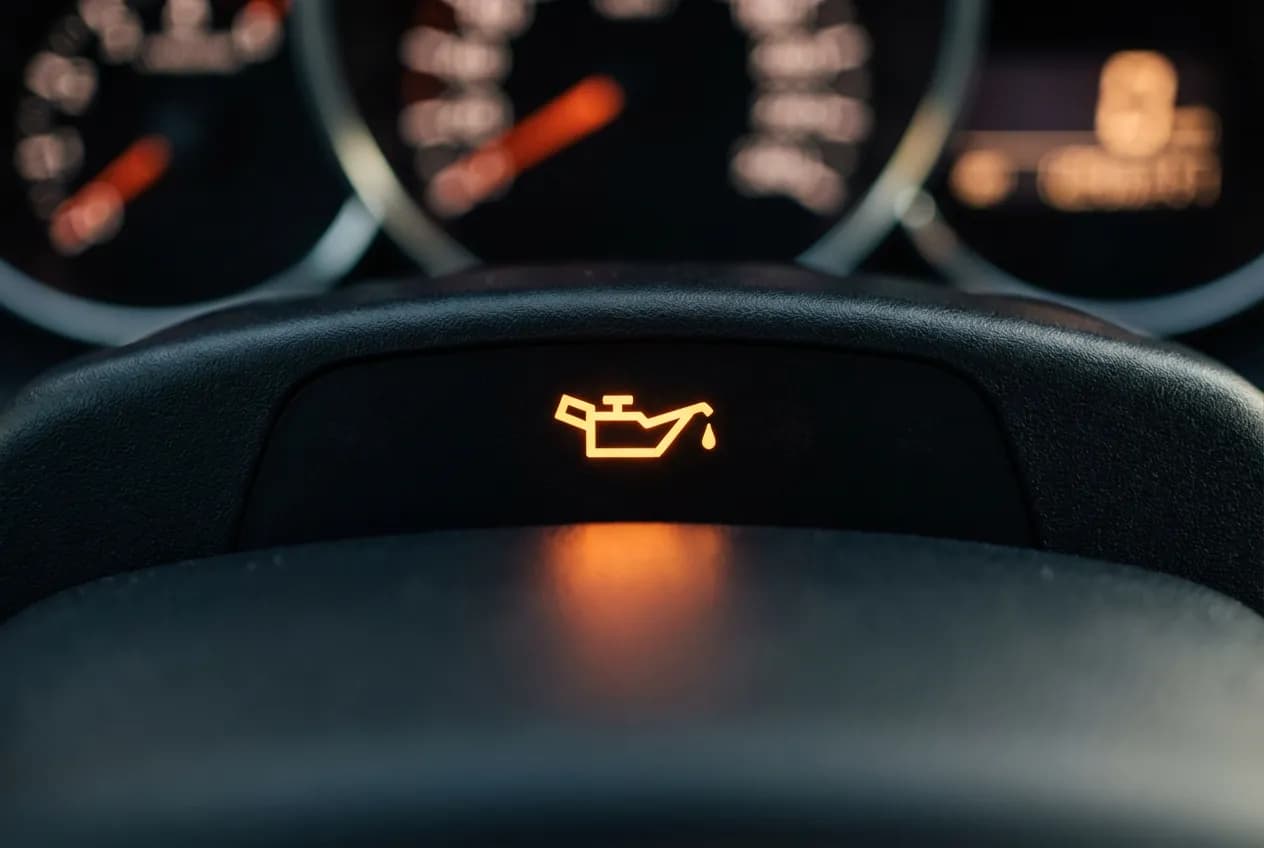 Gros plan sur le voyant orange de vidange allumé sur un tableau de bord sombre