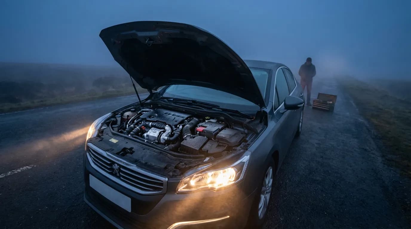 Voiture en panne capot ouvert sur une route brumeuse symbolisant la perte de puissance moteur