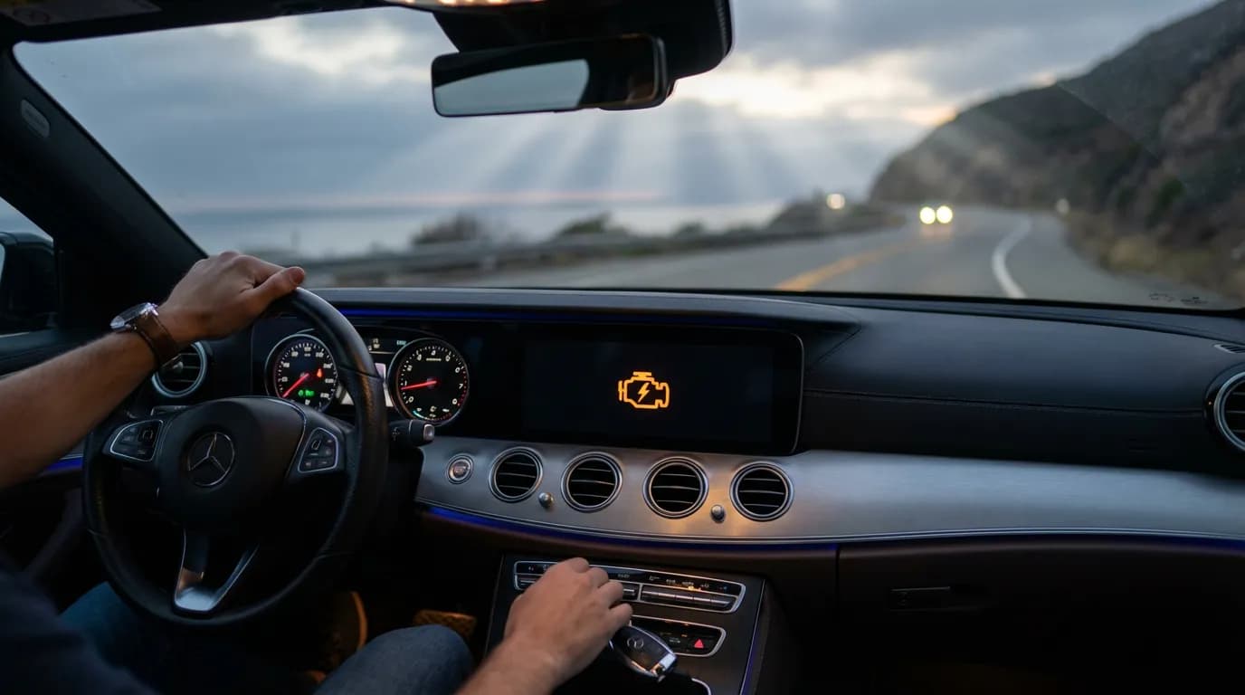 Vue cinématique du tableau de bord d'une voiture moderne au crépuscule, avec un voyant moteur allumé, illustrant une panne de plus après contact.