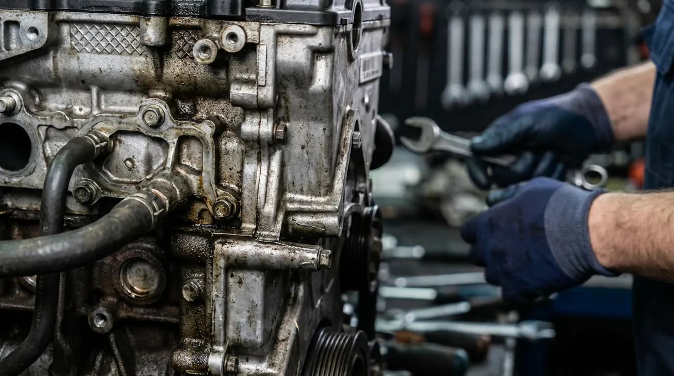 Vue rapprochée du moteur 2.5 CRDi d'un Hyundai H1 lors d'une inspection mécanique