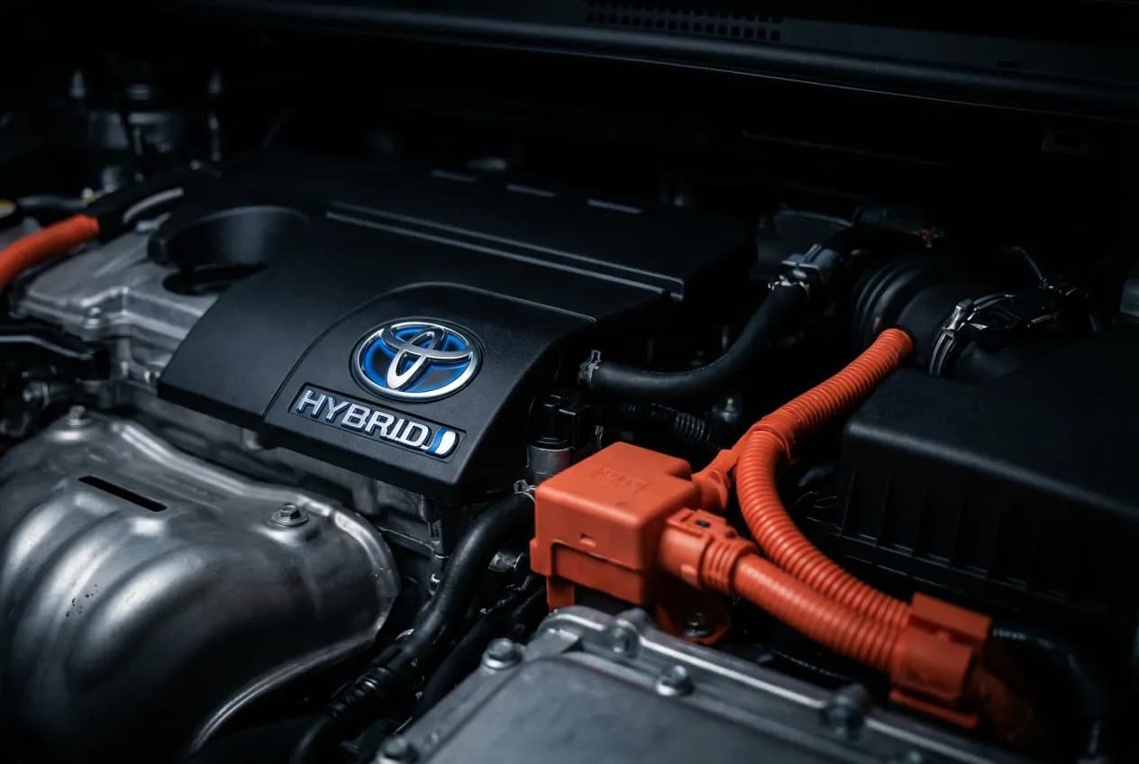Gros plan sur le moteur et le logo hybride d'une Toyota Corolla lors d'un contrôle.