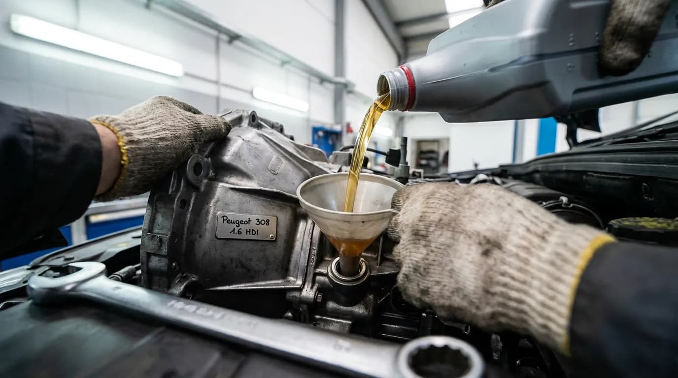 Tutoriel illustrant le remplissage de la boîte de vitesse d'une 308 1.6 HDI avec de l'huile neuve à l'aide d'un entonnoir.