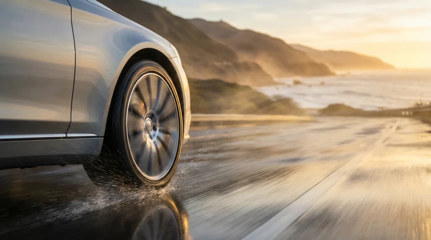Voiture de tourisme équipée de pneus Bridgestone Turanza T005 roulant sur une route côtière humide au coucher du soleil