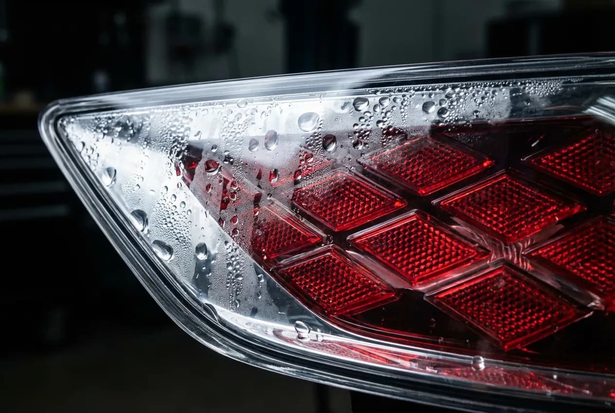 Gros plan macro montrant de la condensation à l'intérieur du feu arrière d'une DS7