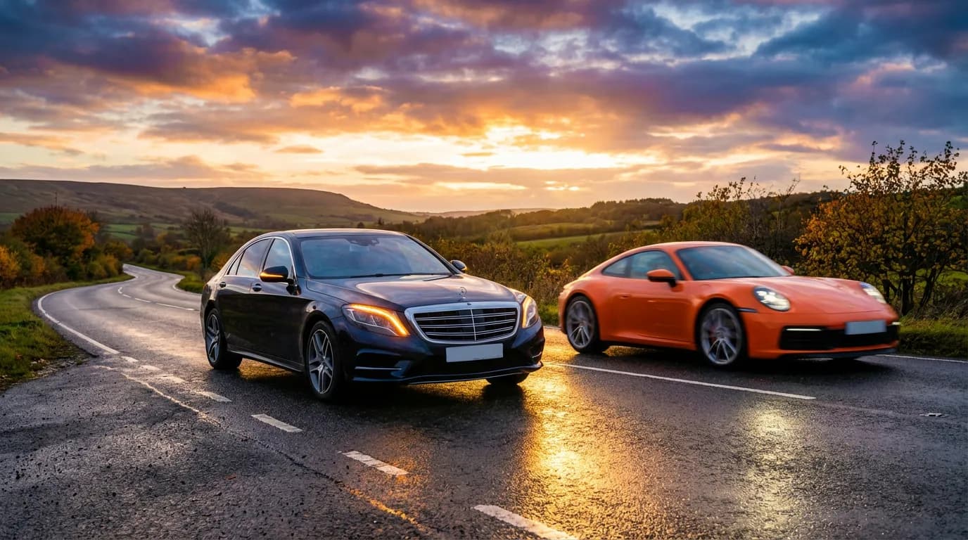 Voiture de luxe mettant son clignotant à gauche sur une route de campagne tandis qu'un autre véhicule la dépasse par la droite au coucher du soleil