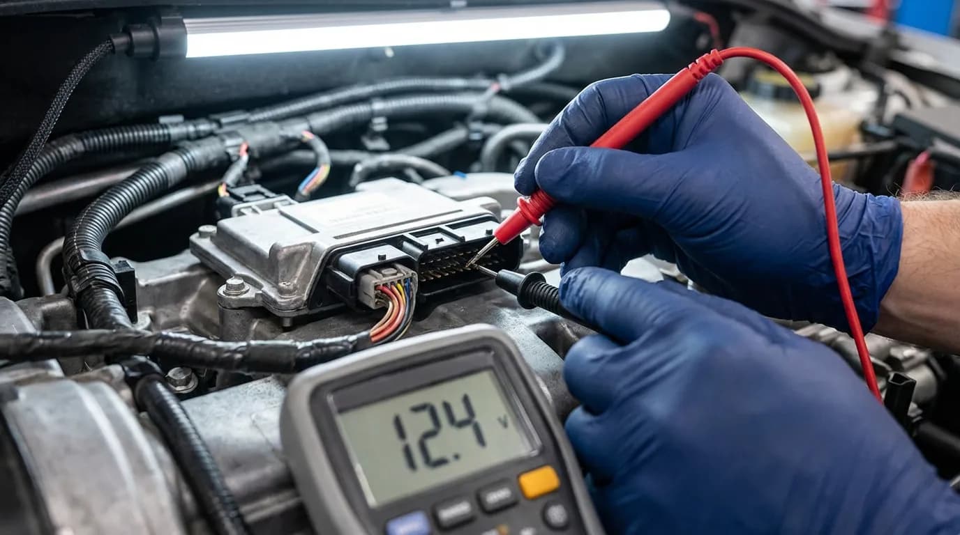 Illustration du diagnostic du code P0670 : un technicien utilise un multimètre pour tester le circuit du module de commande des bougies de préchauffage.