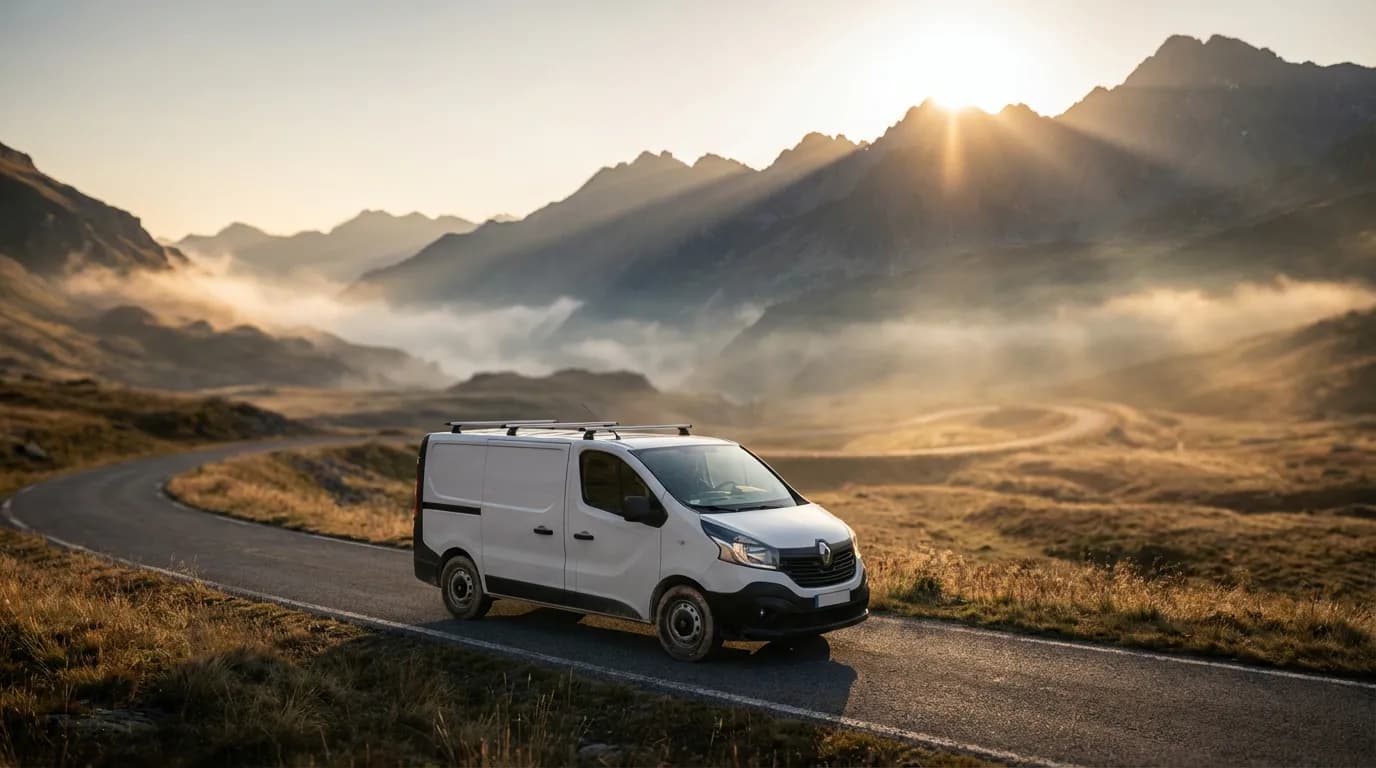 Un fourgon utilitaire blanc de type Renault Trafic sur une route de montagne au lever du soleil, une image évoquant la fiabilité et l'endurance du moteur 2.0 dCi 115.