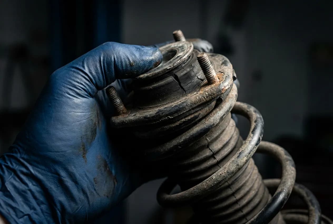 Gros plan sur la main d'un mécanicien inspectant une coupelle d'amortisseur usée.